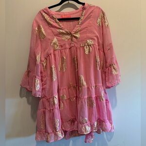 Simply Southern Pink Dress coverup with Gold pineapple Accents